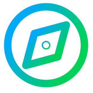 Circle icon with compass needle in center in blue green gradient